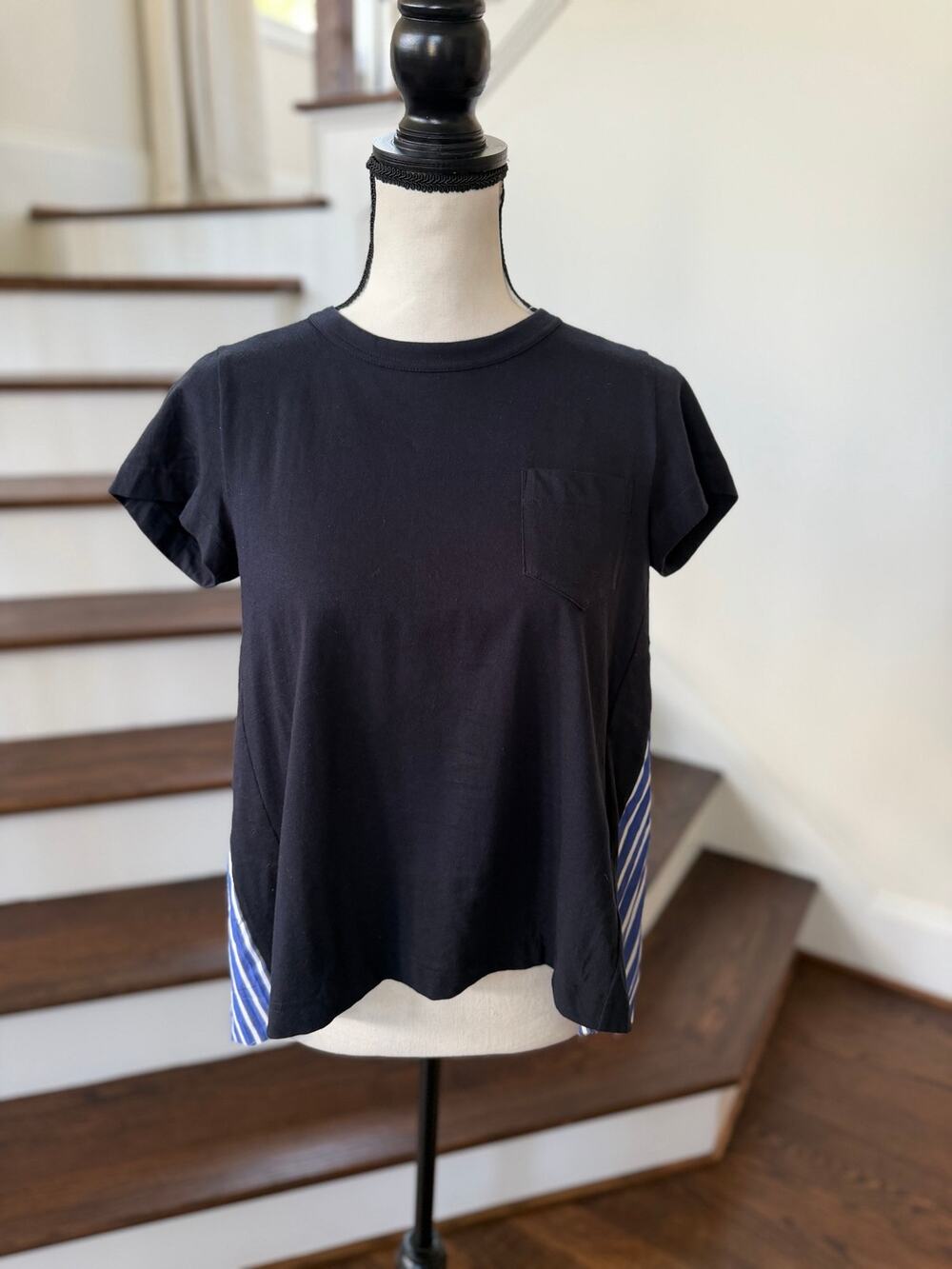 NWT Sacai Navy Blue & White Stripe Panelled Pleat Short Sleeve Cotton T-Shirt